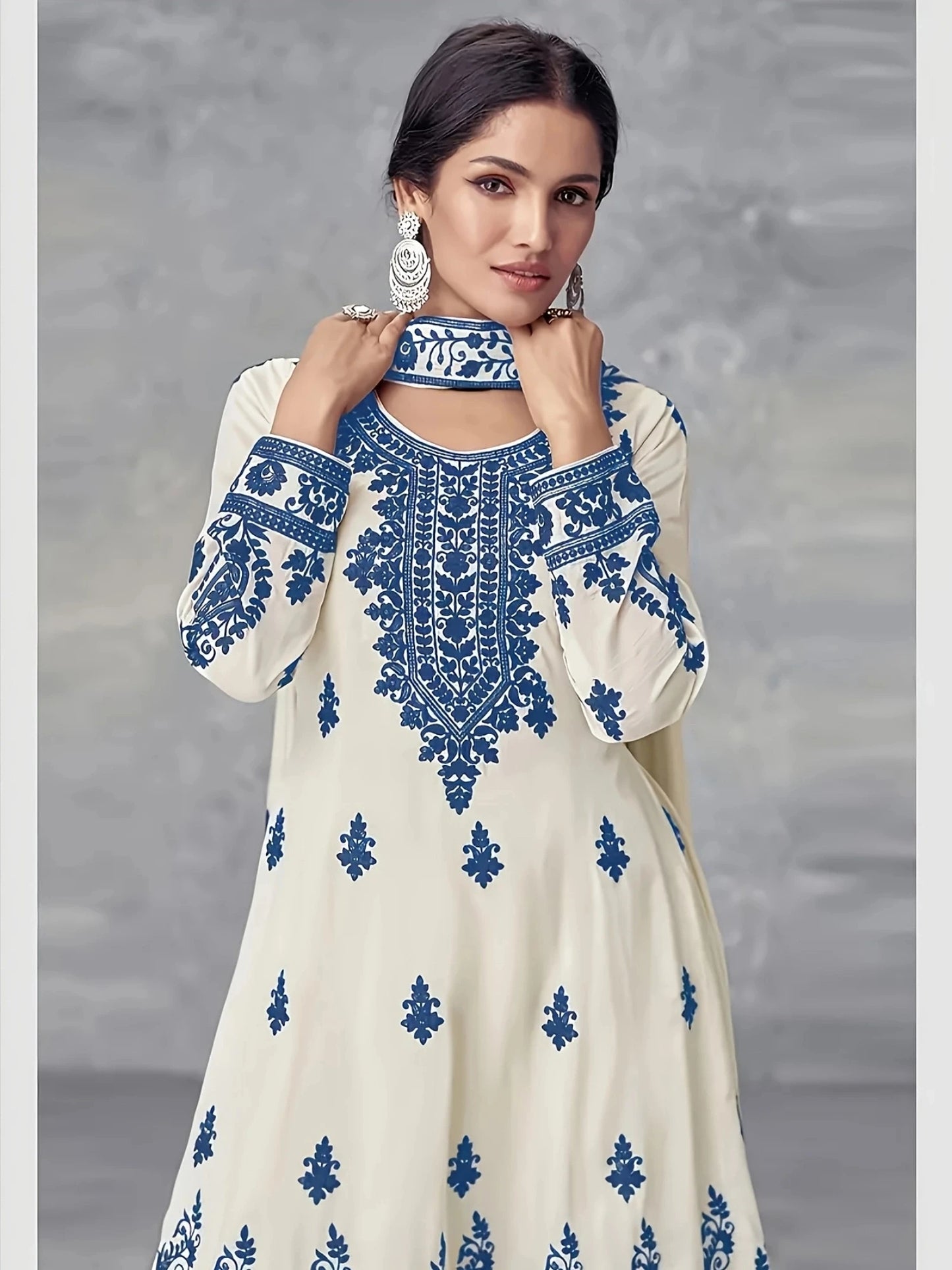 Plus Size Women's Off-White and Black Printed Three-Piece Set Ethnic Style Crew Neck Long Top Wide-Leg Pants and Headscarf Set