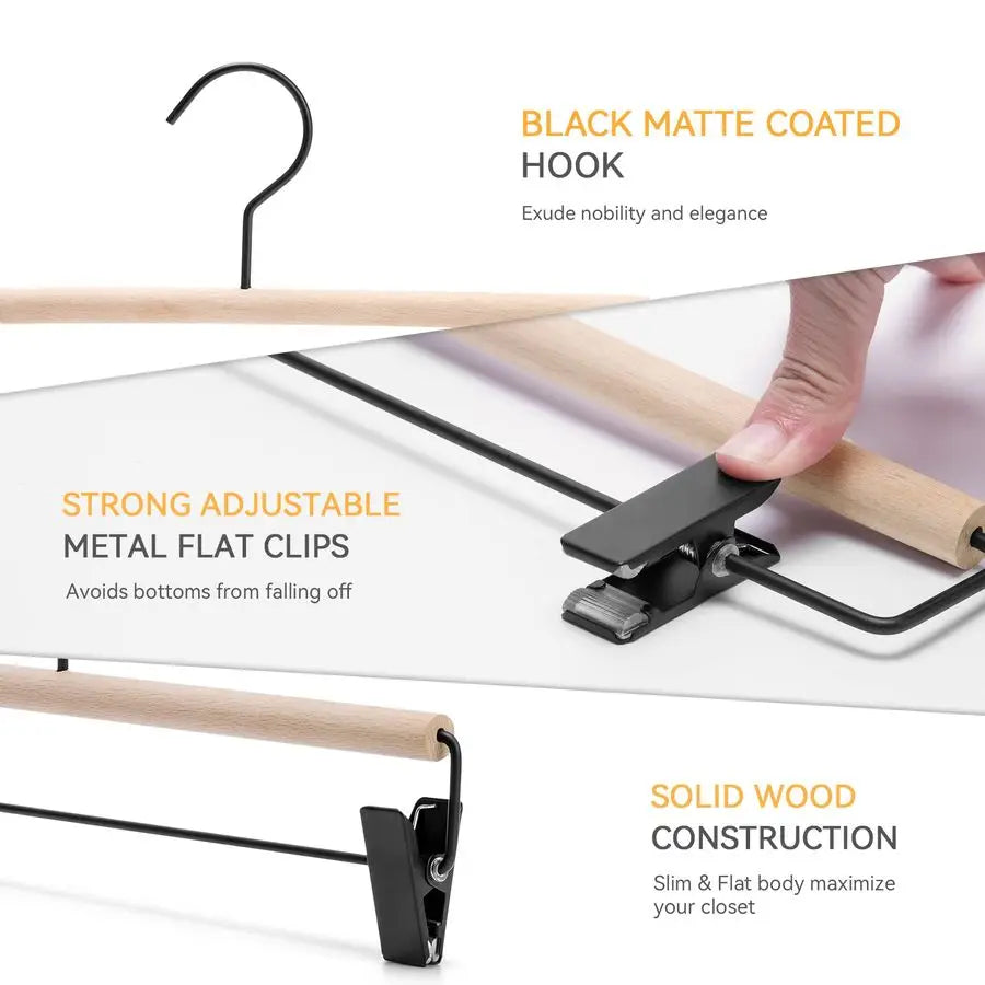 Deluxe Beech Wood Pants Hanger With Adjustable Clips And Hook