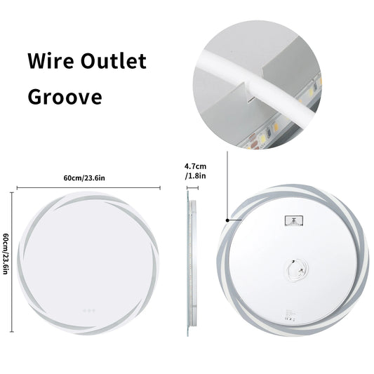 Anti-fog LED Bathroom Mirror Circle Backlit HD Wall Mounted Vanity Mirror Shatterproof 3 Colors Lights Adjust