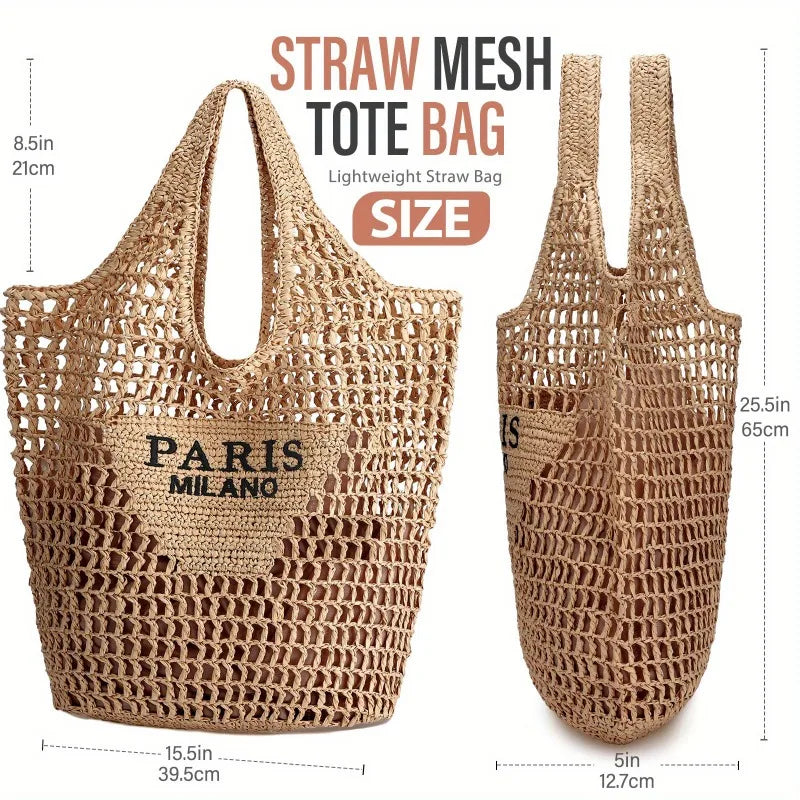 Summer Straw Beach Bag New Woven Bag Straw Mesh Tote Bag Foldable Large Capacity Womens Crossbody Shoulder Bag Purse for Holiday - Louie's Joint 