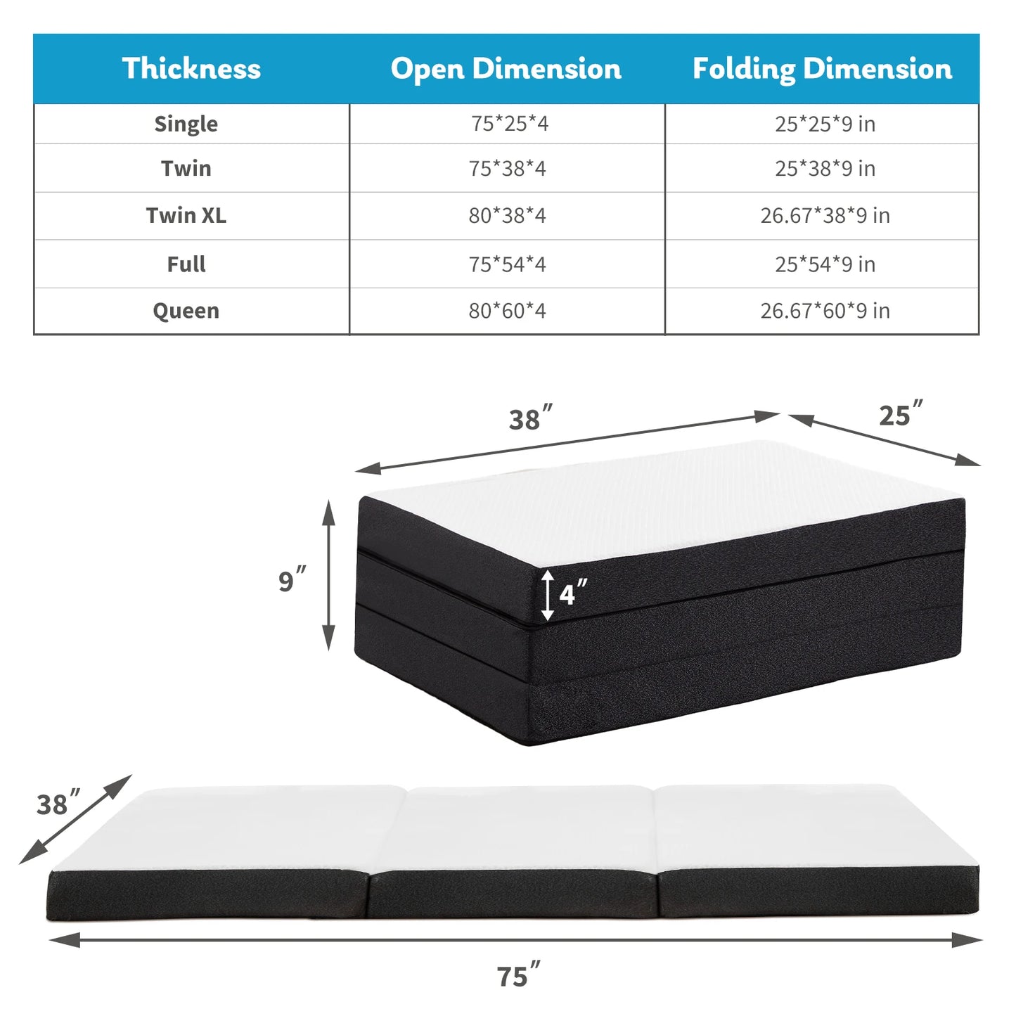 JHK Tri-Fold Memory Foam Mattress with Collapsible and Washable Cover Portable Floor Bed with CertiPUR-US Certified for Travel - Louie's Joint 