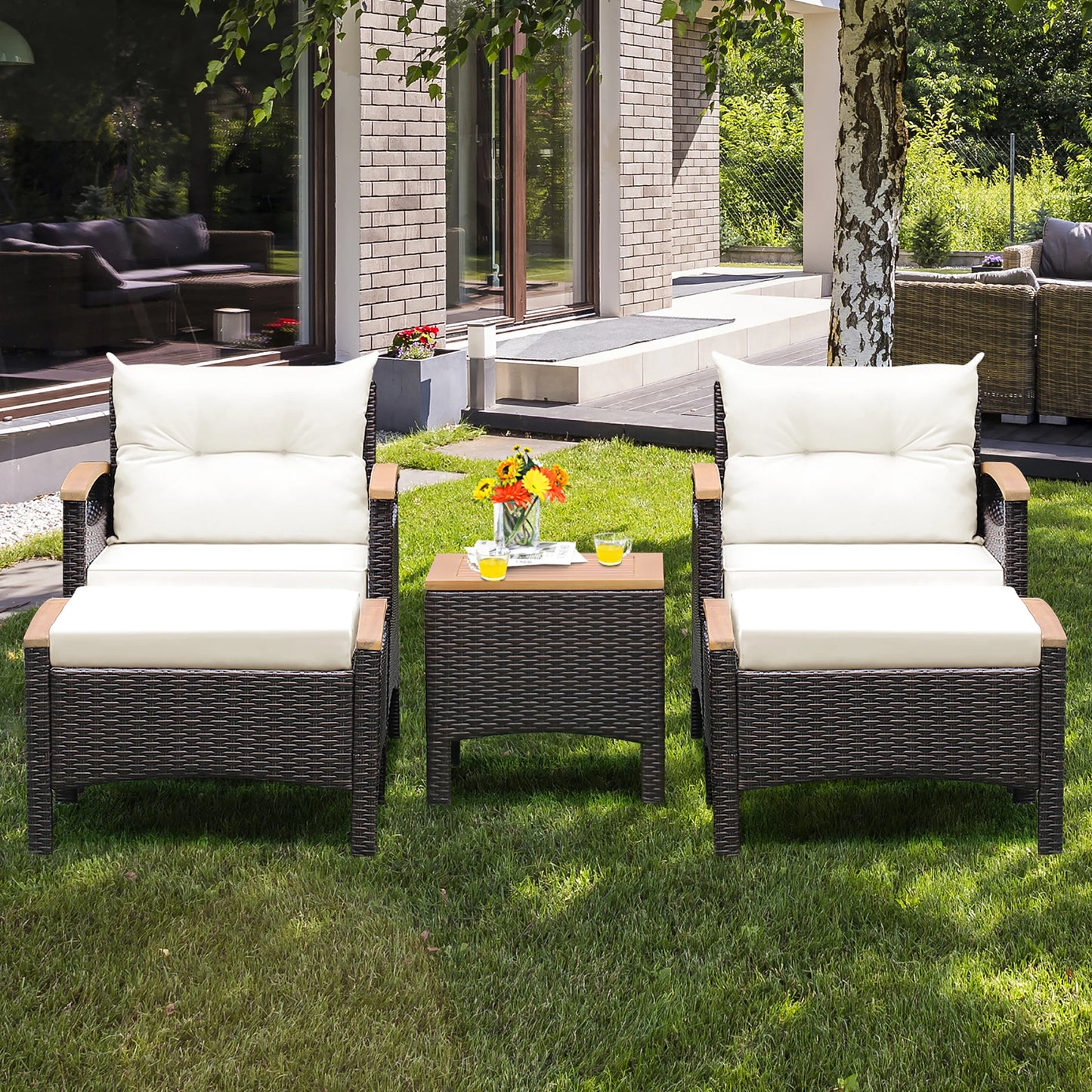HOMASIS Patio Rattan Furniture Set With Cushioned Table And Ottoman