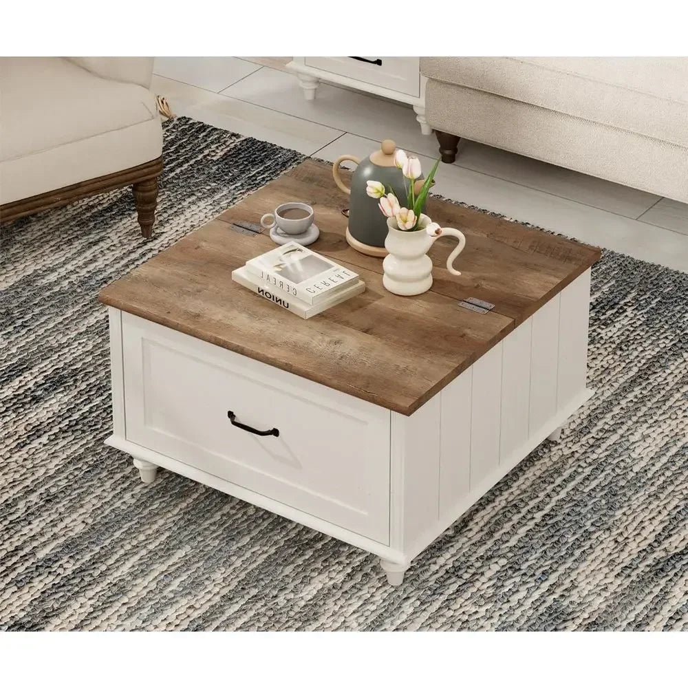 armhouse Lit Top Coee Table with Storage Cabinet, Square Coee Table with Large Der, Wooden Center Table or Living Room, Home, Oi