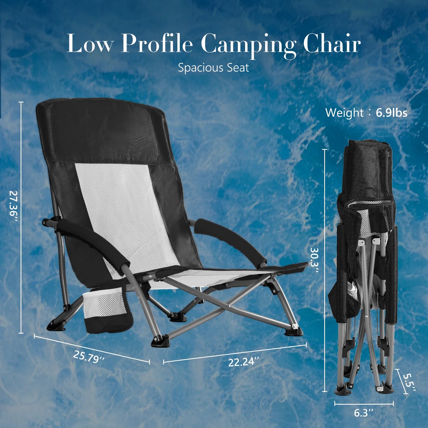 JHK Outdoor Portable Low Beach Camping Chair Folding Chair with Cup Holder Padded Armrests Sturdy Steel Frame Picnic Chair