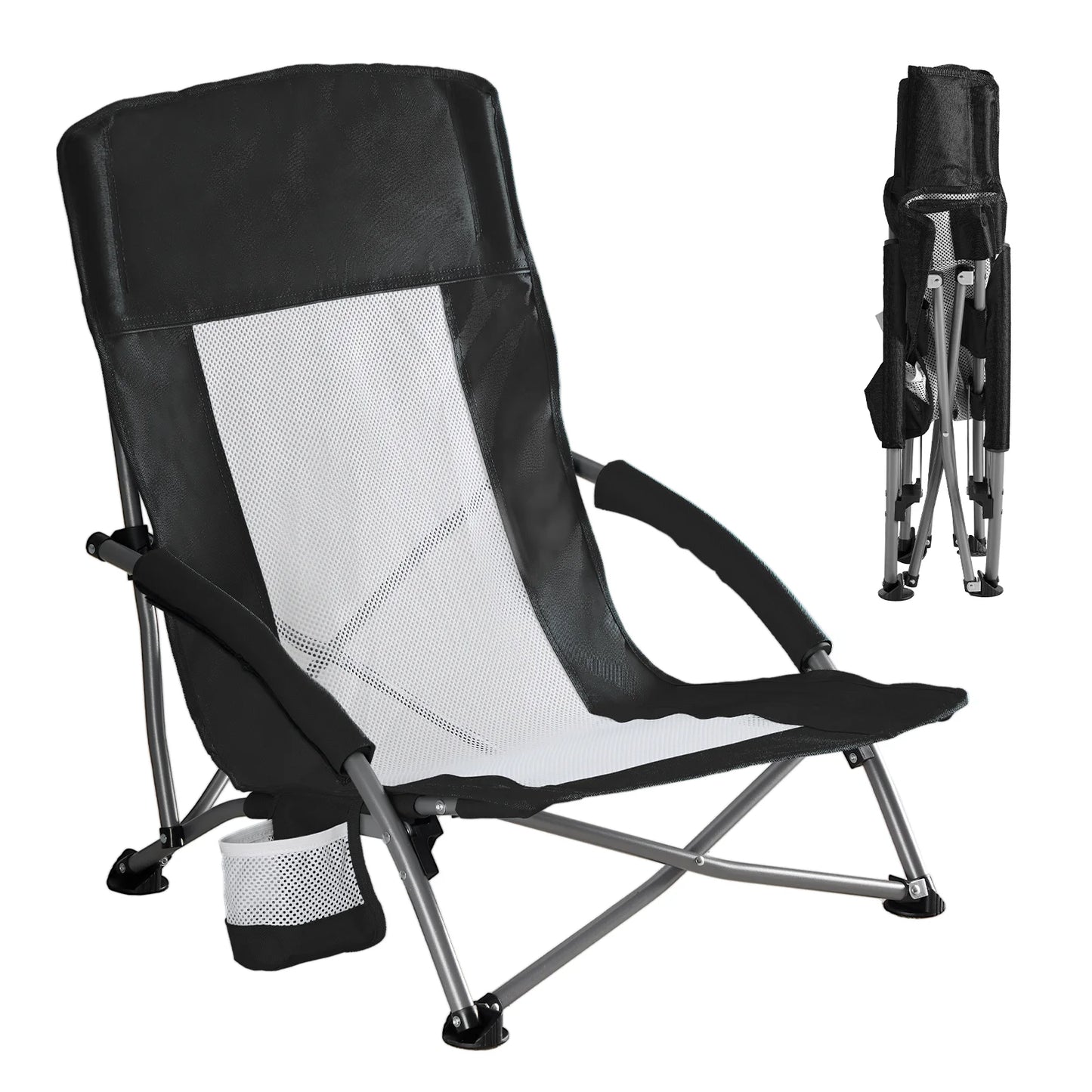 JHK Outdoor Portable Low Beach Camping Chair Folding Chair with Cup Holder Padded Armrests Sturdy Steel Frame Picnic Chair