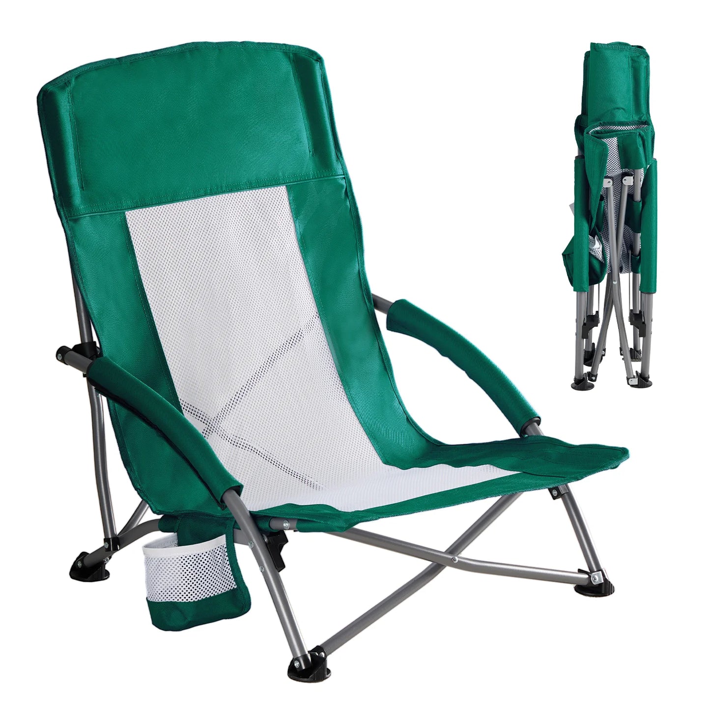 JHK Outdoor Portable Low Beach Camping Chair Folding Chair with Cup Holder Padded Armrests Sturdy Steel Frame Picnic Chair