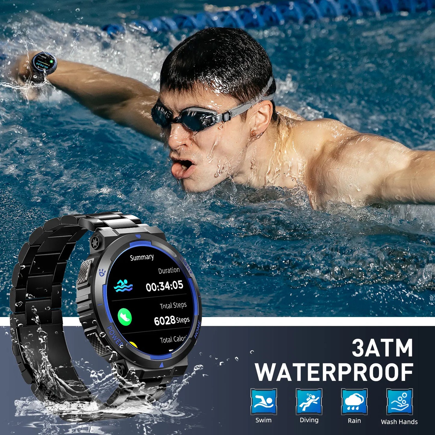 EIGIIS Smart Watches for Men with LED Flashlight 1.53" HD with 100+ Sport Modes Health/Sleep Monitor and 3ATM Waterproof Watche