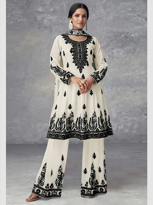 Plus Size Women's Off-White and Black Printed Three-Piece Set Ethnic Style Crew Neck Long Top Wide-Leg Pants and Headscarf Set