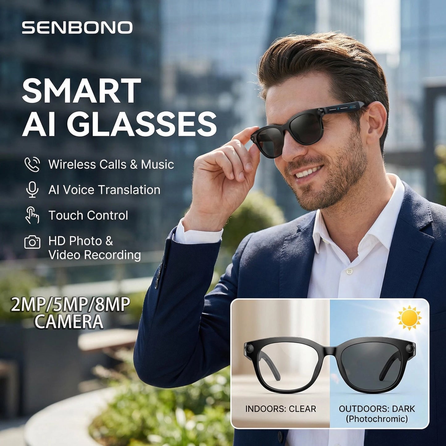 SENBONO AI Smart Glasses with  Camera Take Photo 2MP/5MP/8MP 1080P 4K Videos Smart AI Glasses AI Voice AI Photo Recognition AI Translation Wireless Calling Music Control Sunglasses for Men Women