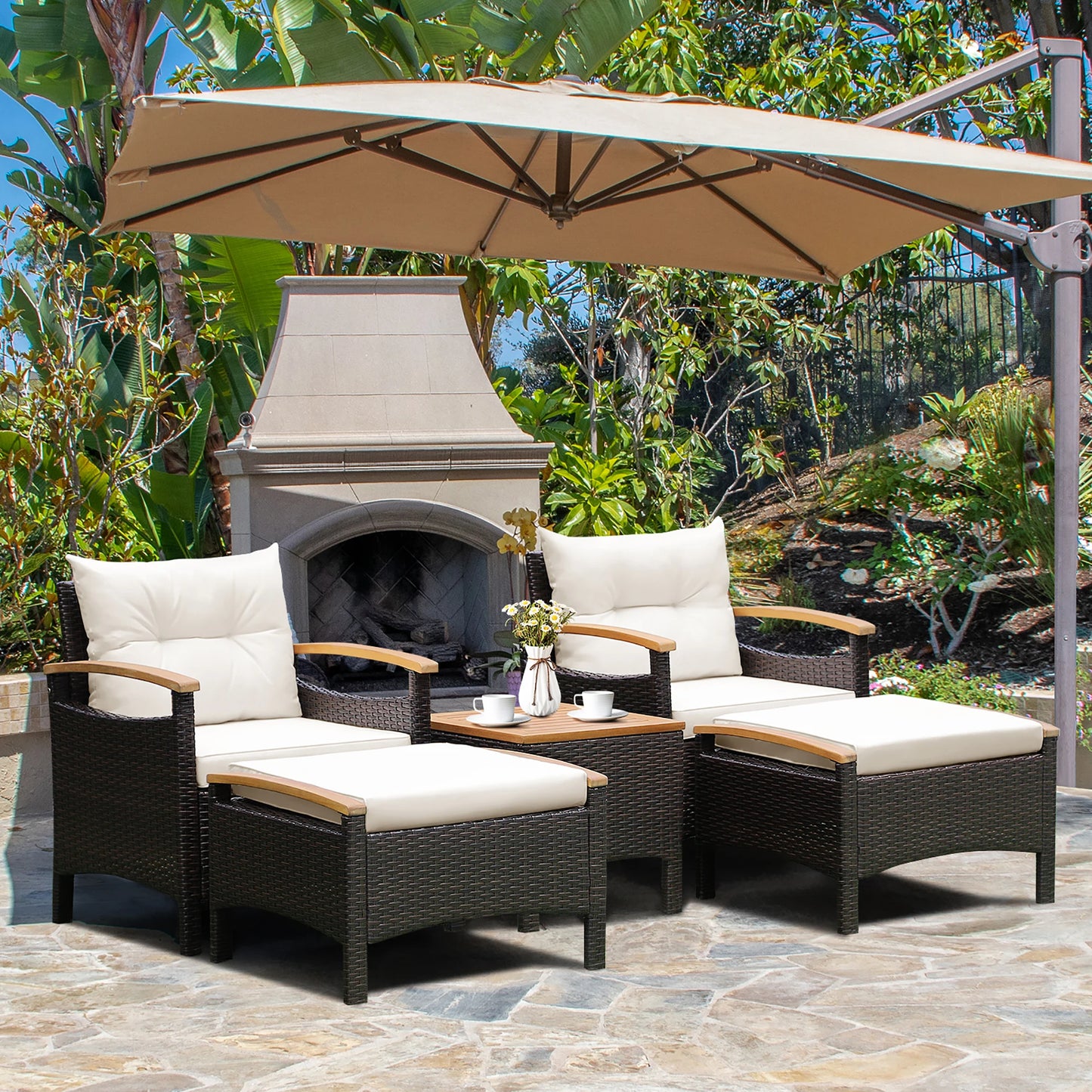 HOMASIS Patio Rattan Furniture Set With Cushioned Table And Ottoman