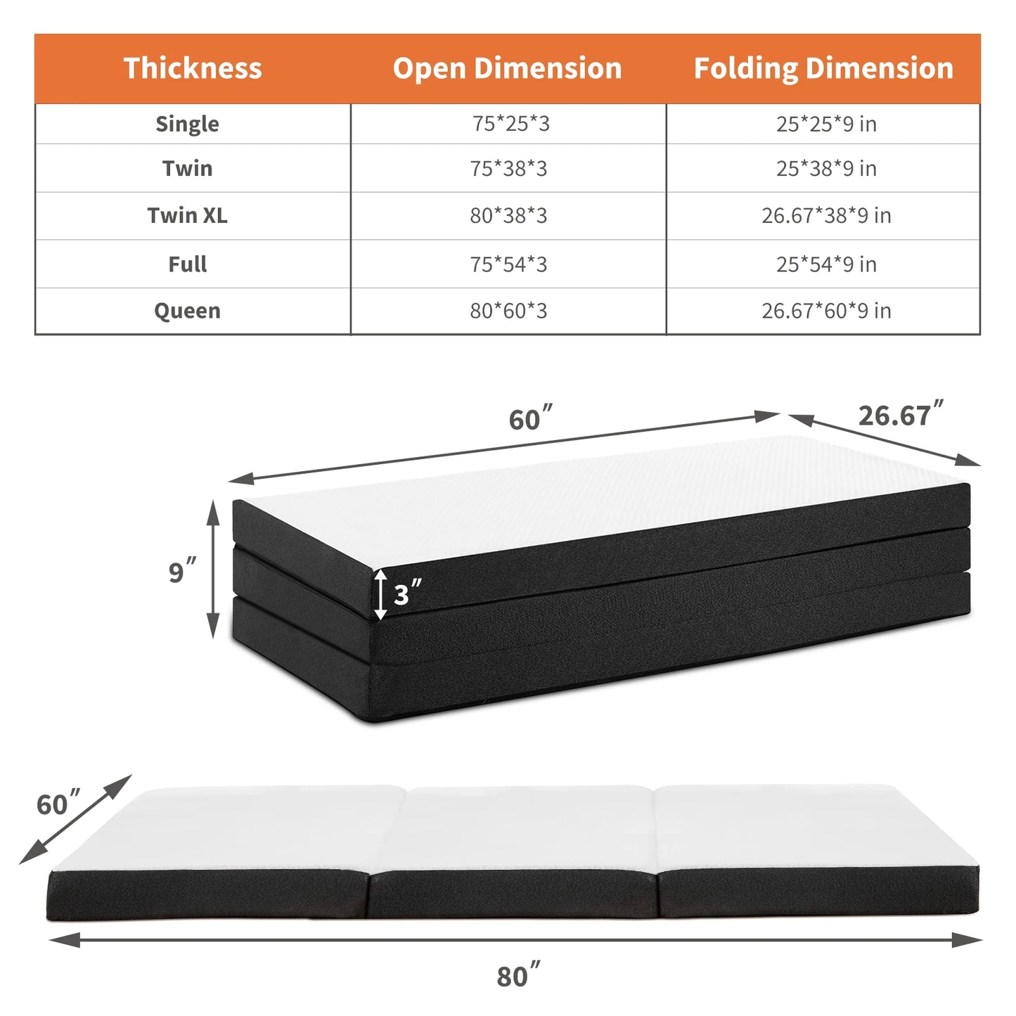 JHK Tri-Fold Memory Foam Mattress with Collapsible and Washable Cover Portable Floor Bed with CertiPUR-US Certified for Travel - Louie's Joint 