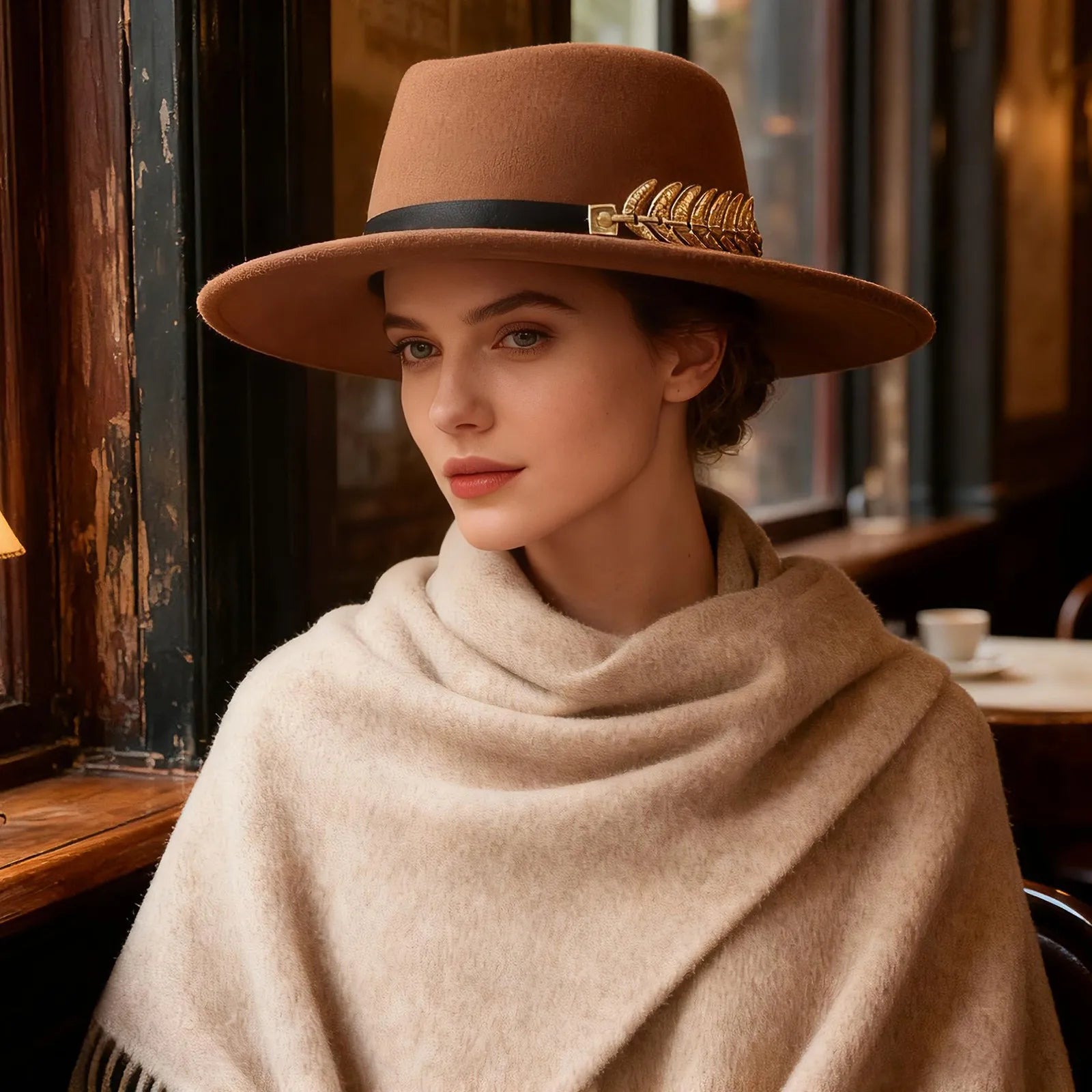 Womens Elegant Felt Cloche Flat Brim Hat with Metallic Fishbone Embellished Band - Louie's Joint 