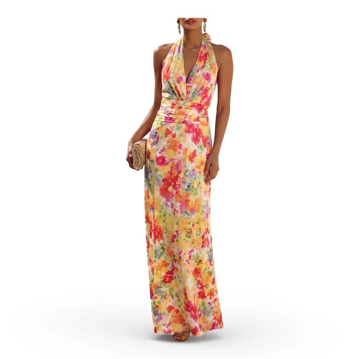 Women's Halter V Neck Sleeveless Maxi Dress Floral Watercolor Print Ruched Waist Bodycon Fit Side Split Long Ladies Dress