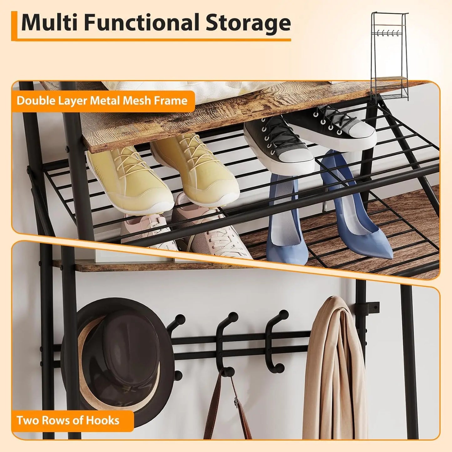 Coat Rack Hall Tree with Shoe Storage Bench, 4-in-1 Entryway Organizer Featuring 10 Hooks and 3 Tier Shoe Rack, Durable Metal Frame, Freestanding Storage Unit for Hallway, Single Row