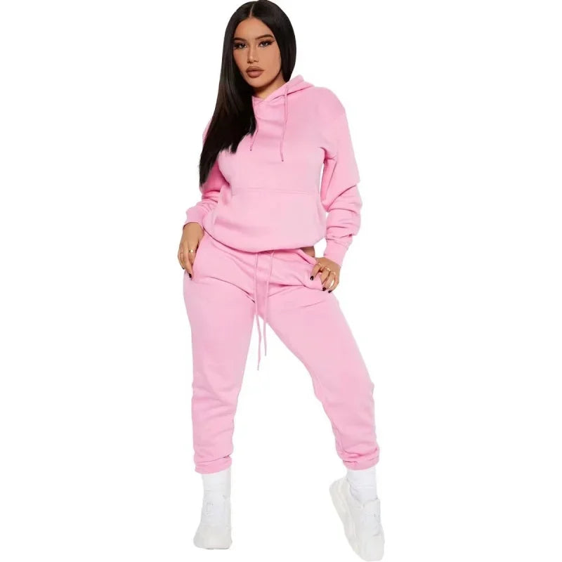 Winter Women Tracksuit Two Piece Set With Hooded Sweatshirt