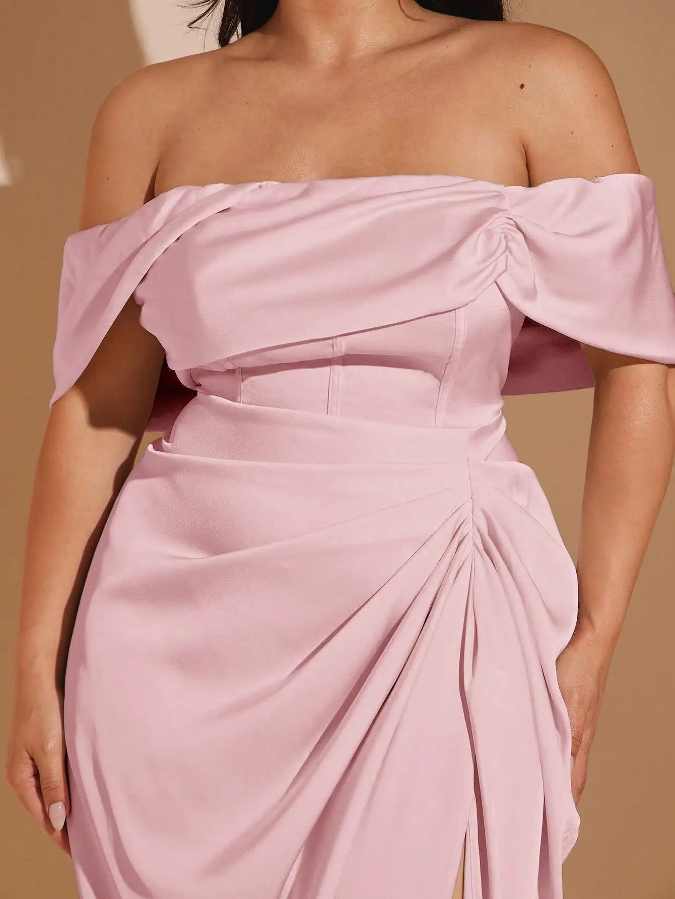 Elegant Off Shoulder Draped Satin Midi Dress For Wedding Bridesmaid