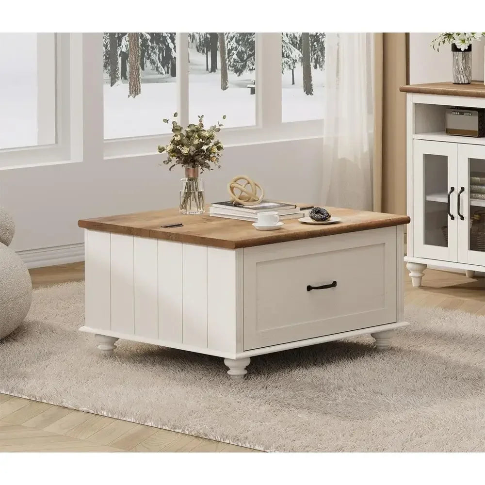 armhouse Lit Top Coee Table with Storage Cabinet, Square Coee Table with Large Der, Wooden Center Table or Living Room, Home, Oi