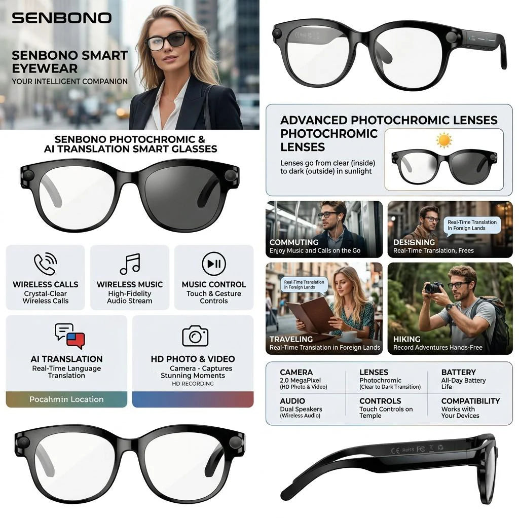 SENBONO AI Smart Glasses with  Camera Take Photo 2MP/5MP/8MP 1080P 4K Videos Smart AI Glasses AI Voice AI Photo Recognition AI Translation Wireless Calling Music Control Sunglasses for Men Women