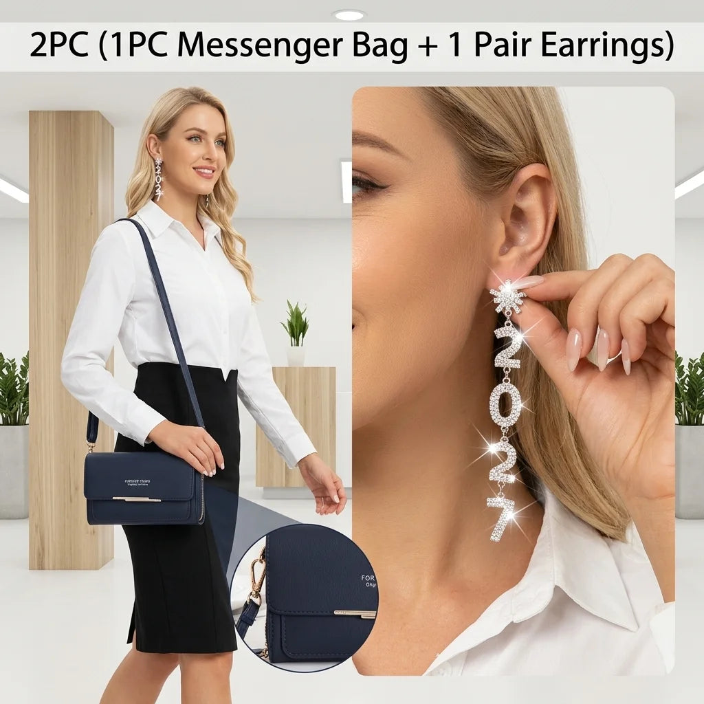 1 Pair Earrings or 2PC(1PC Messenger Bag+1 Pair Earrings )Women's Small Shoulder Crossbody Bag and Elegant Rhinestone 2027 Long Drop Earrings, Mobile Phone Card Wallet Bag,Casual Handbag for Party Birthday,Daily Use Holiday G