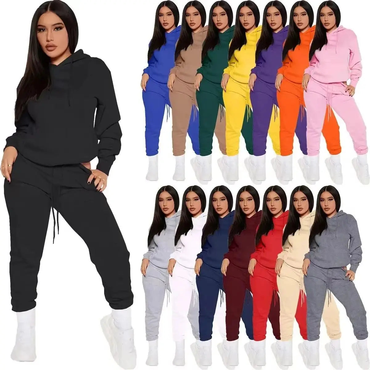 Winter Women Tracksuit Two Piece Set With Hooded Sweatshirt