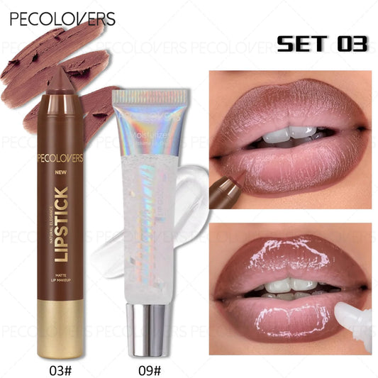 2PCS Tube Lip Oil & Brown Tube Lip Liner , Long-lasting Moisturizing, Lip Gloss Lipstick Set, Waterproof and Sweat-proof Non-stick Cup, Easy To Use, High Color Rendering, Suitable for Daily Use