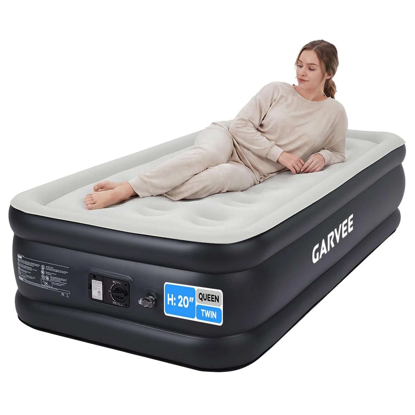 20in Raised Air Mattress Twin/Queen With Built-in Pump, Inflatable Bed For Guests, Vertical Coil Support, Leakproof PVC, Travel