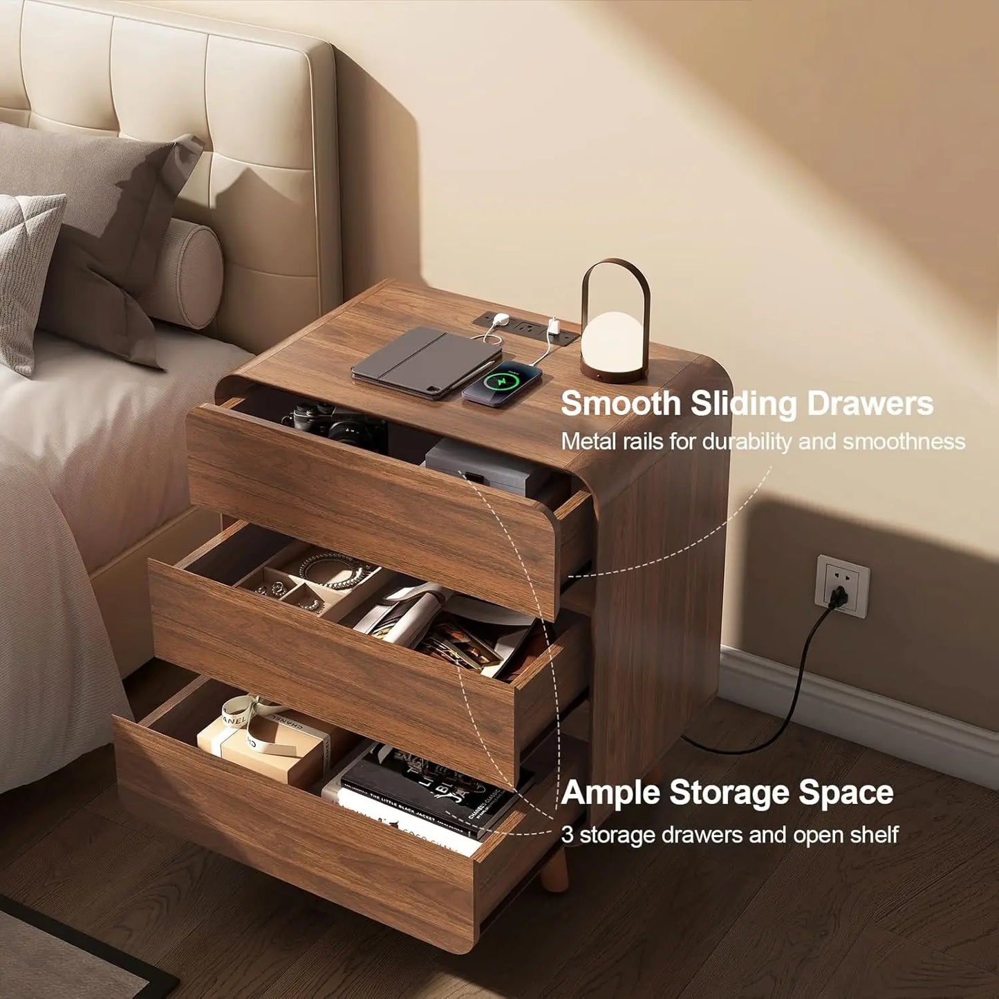 Three-Drawer Tall Nightstands Set Of Two With Charging Station
