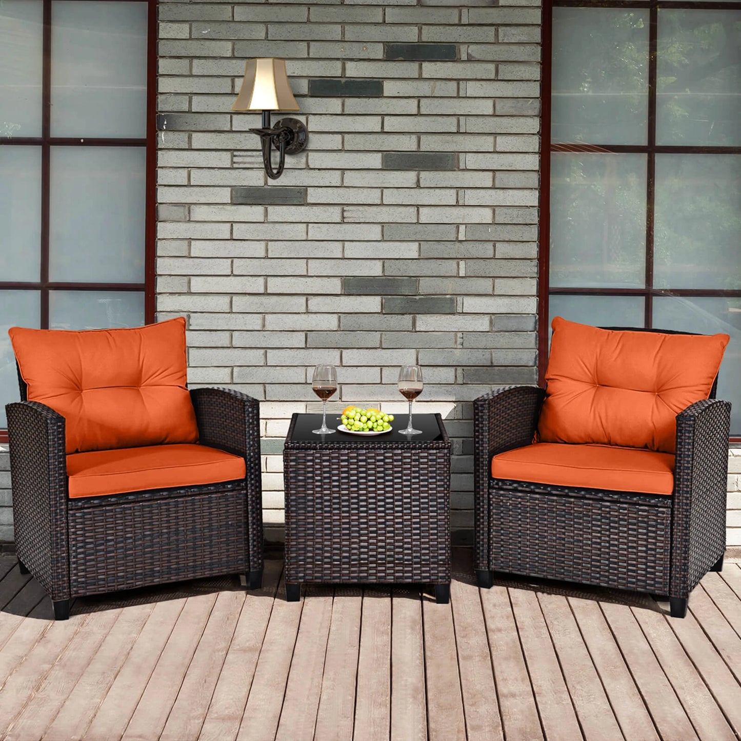 3 PCS Patio Rattan Furniture Set Cushioned Conversation Set Sofa Orange - Louie's Joint 