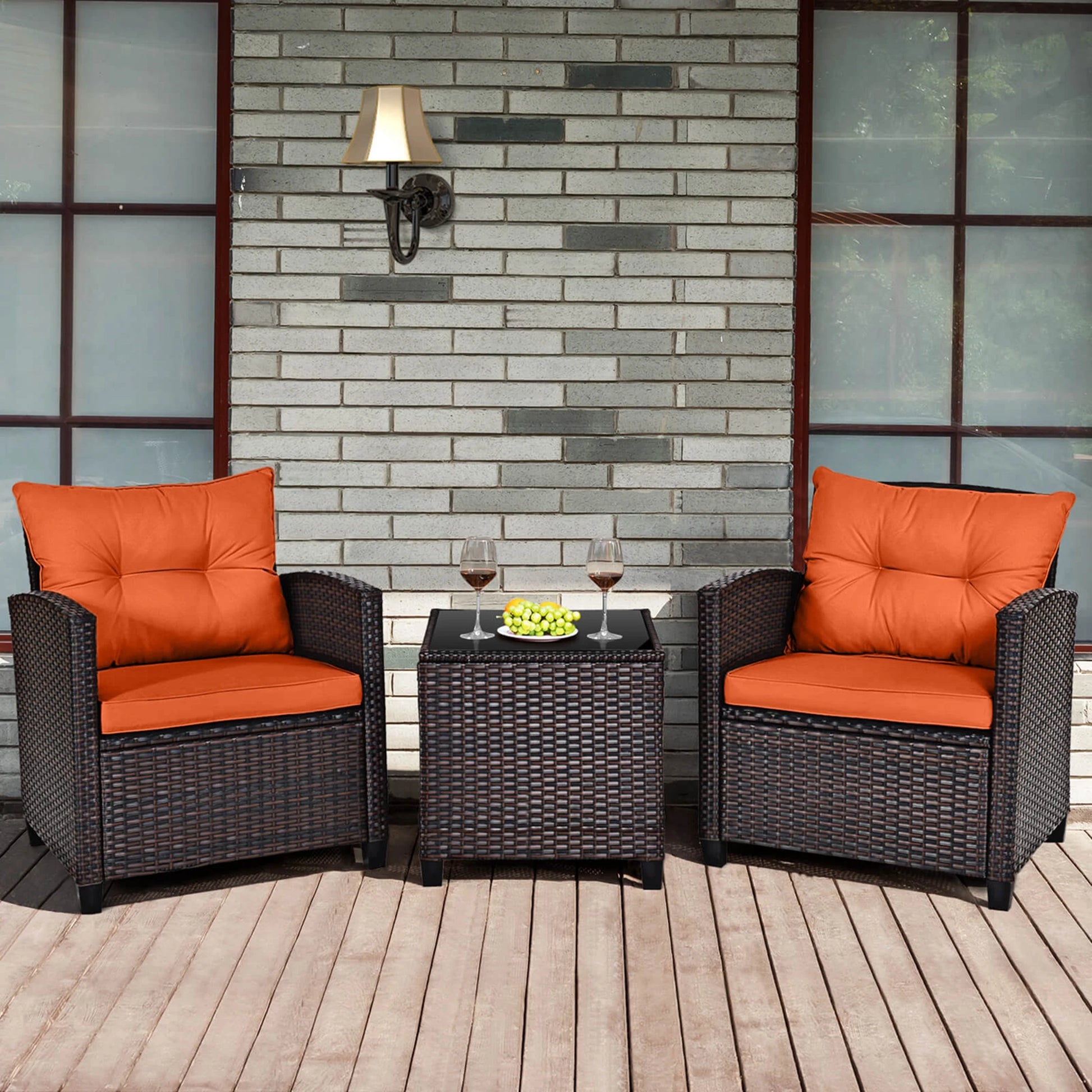 3 PCS Patio Rattan Furniture Set Cushioned Conversation Set Sofa Orange - Louie's Joint 