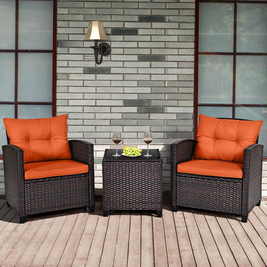 3 PCS Patio Rattan Furniture Set Cushioned Conversation Set Sofa Orange - Louie's Joint 