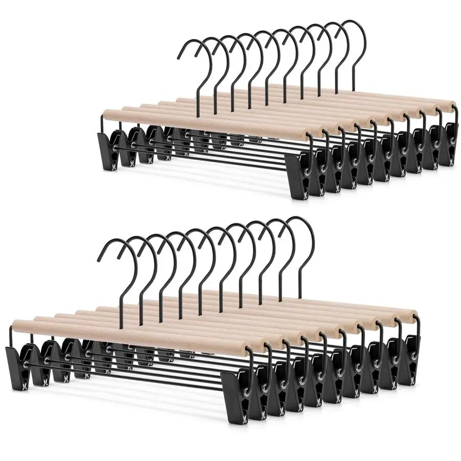 Deluxe Beech Wood Pants Hanger With Adjustable Clips And Hook