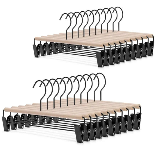 Deluxe Beech Wood Pants Hanger With Adjustable Clips And Hook