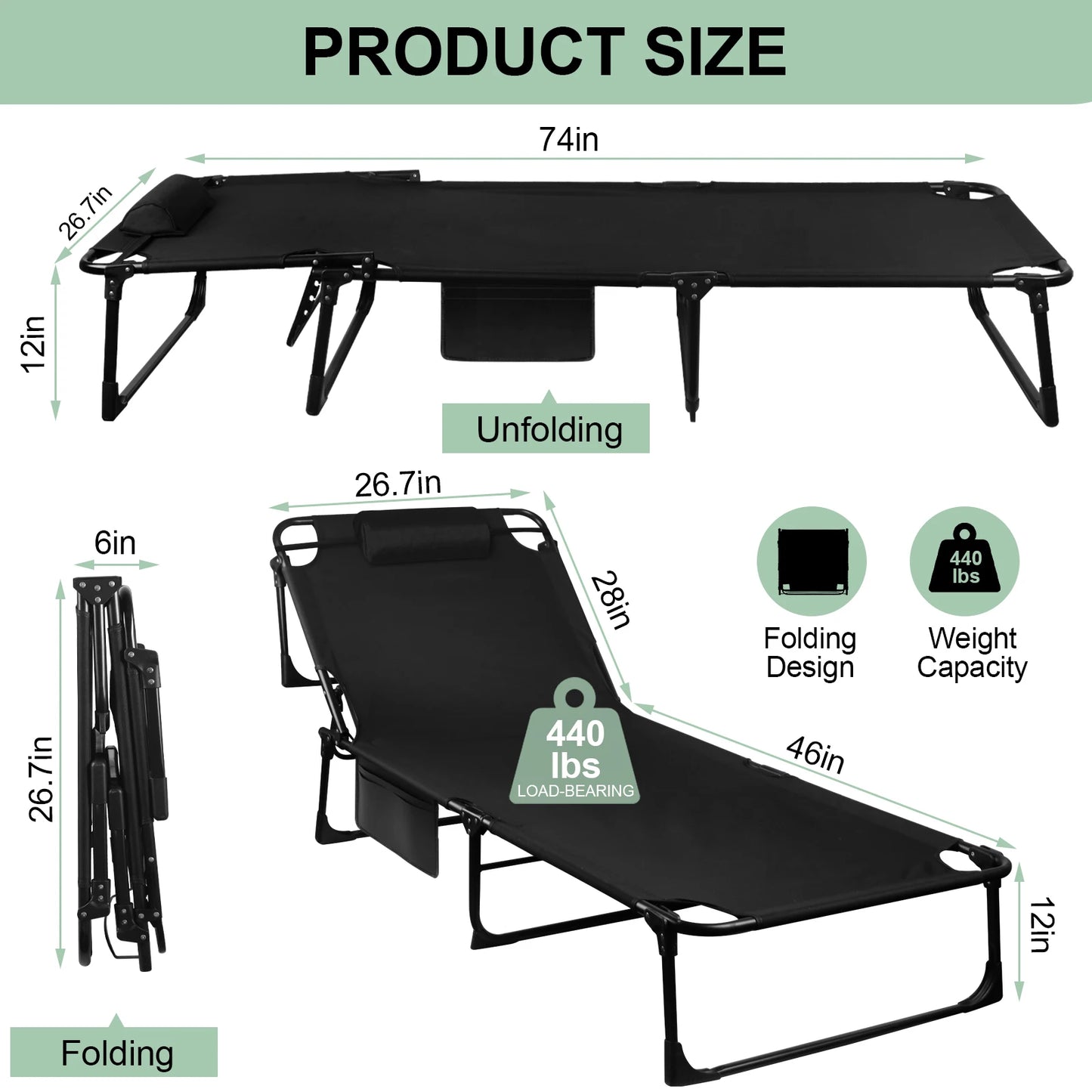 Portable Folding Camping Cot With 3 Position Reclining Lounge Chair