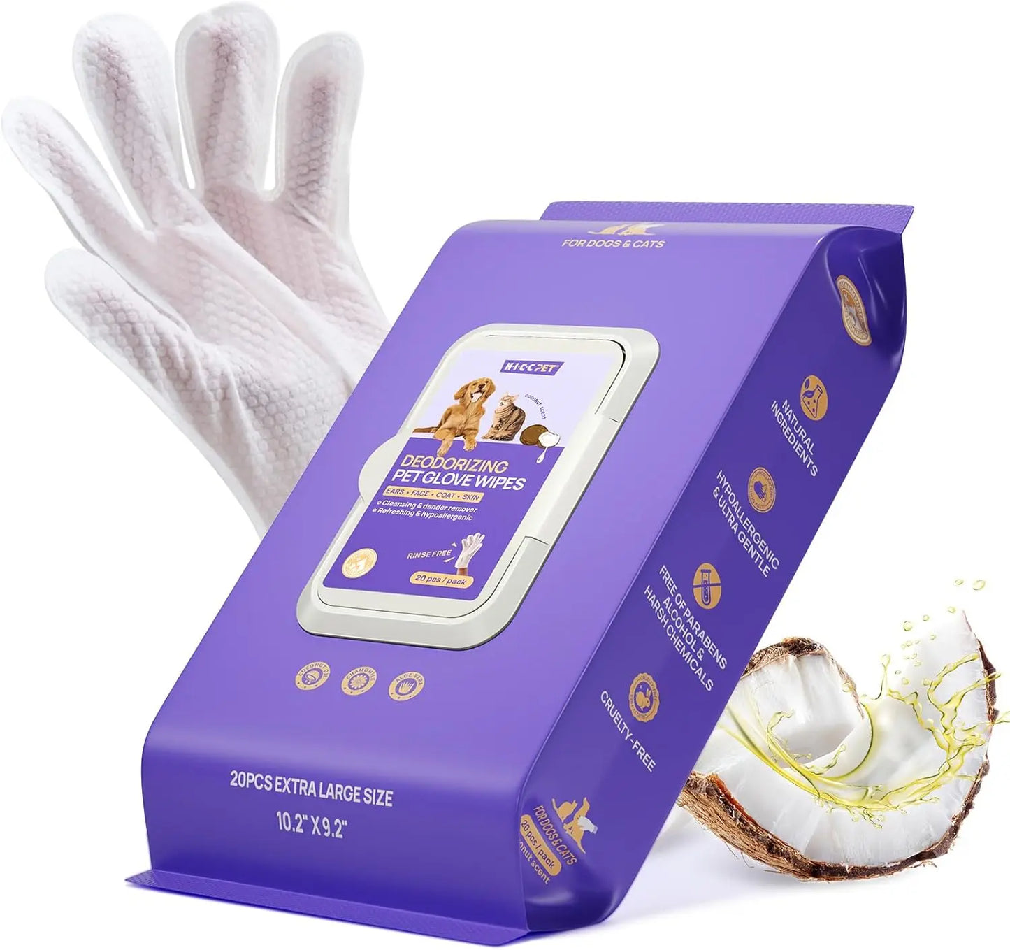 Pet Grooming Wipes For Dogs And Cats, Hypoallergenic Coconut Scent, 20 Count