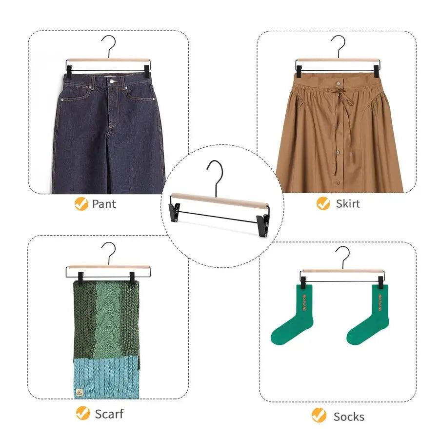 Deluxe Beech Wood Pants Hanger With Adjustable Clips And Hook
