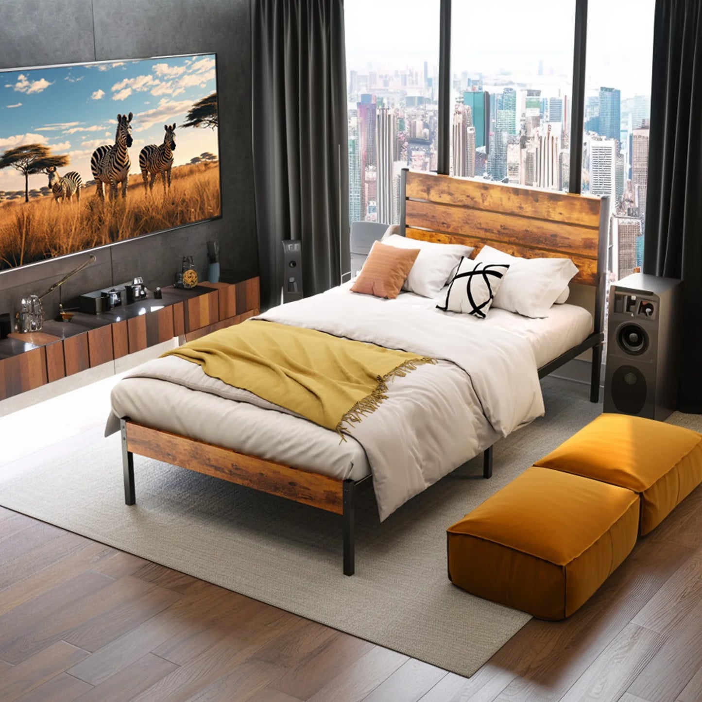 JHK Queen Size Metal Platform Bed Frame with Headboard and Footboard with 800LBS Sturdy Wooden Slats Support For Bed Room Home - Louie's Joint 