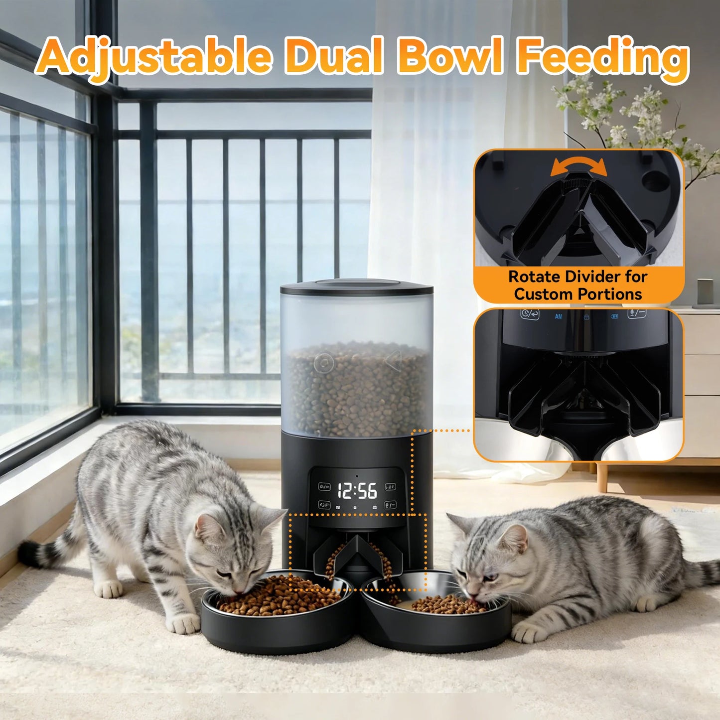 JHK 6L Automatic Cat Feeder with 2 Stainless Bowls Timed Cat Food Dispenser Dual Power Supply Dual Pet Feeder for Cat and Dog - Louie's Joint 