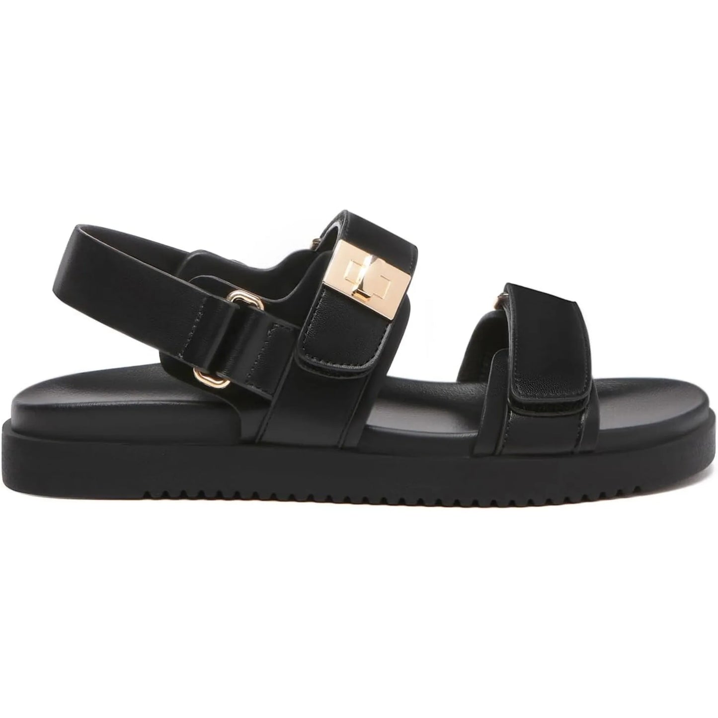 Women's Leather Flat Sandals With Adjustable Double Strap Comfort Footbed