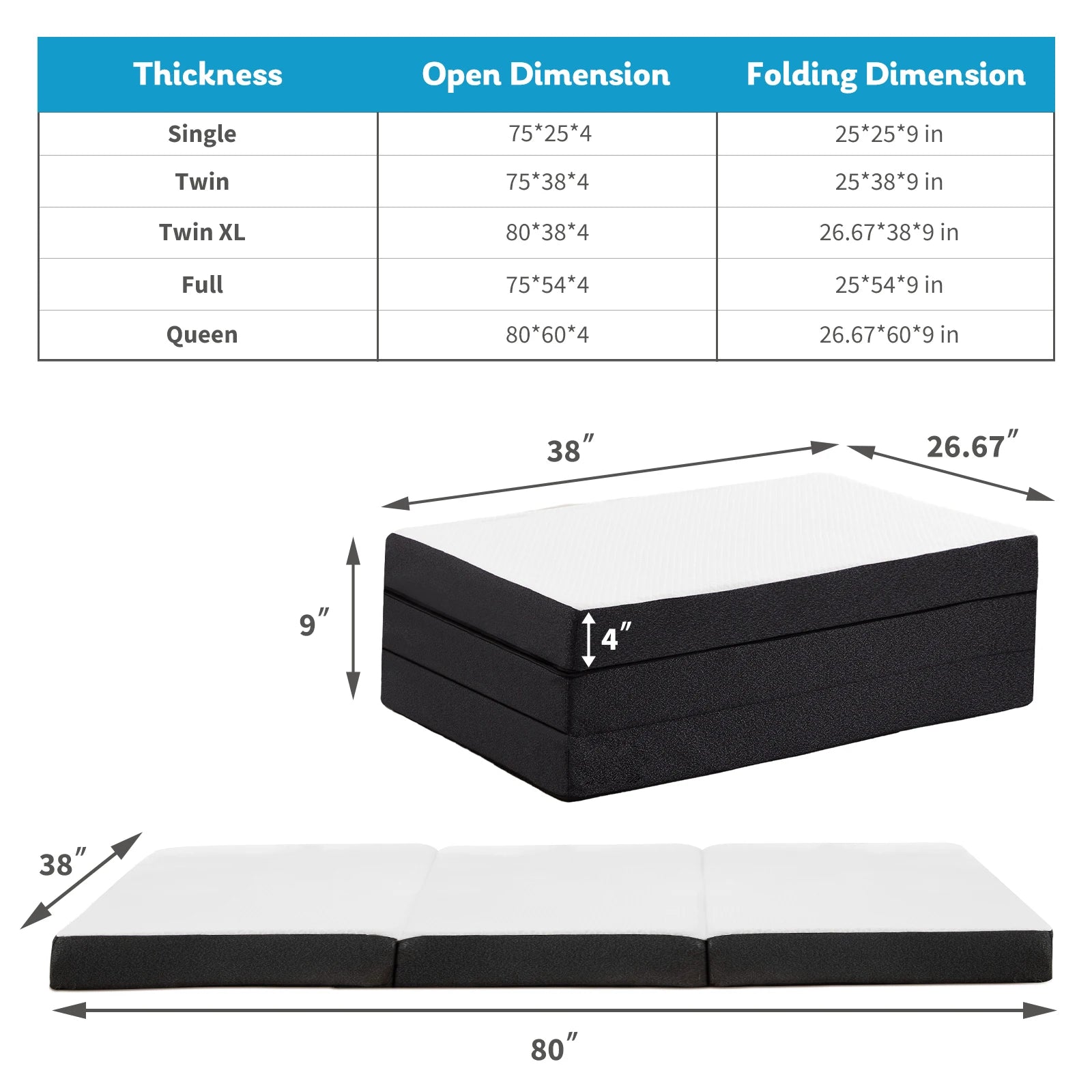 JHK Tri-Fold Memory Foam Mattress with Collapsible and Washable Cover Portable Floor Bed with CertiPUR-US Certified for Travel - Louie's Joint 