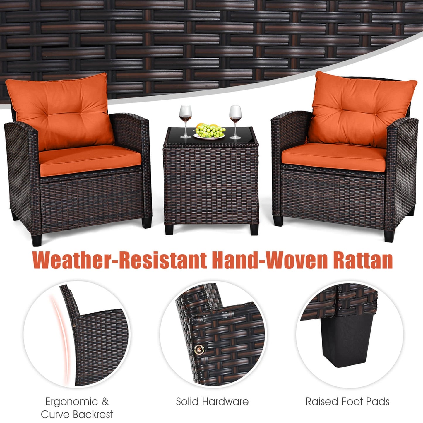 3 PCS Patio Rattan Furniture Set Cushioned Conversation Set Sofa Orange - Louie's Joint 