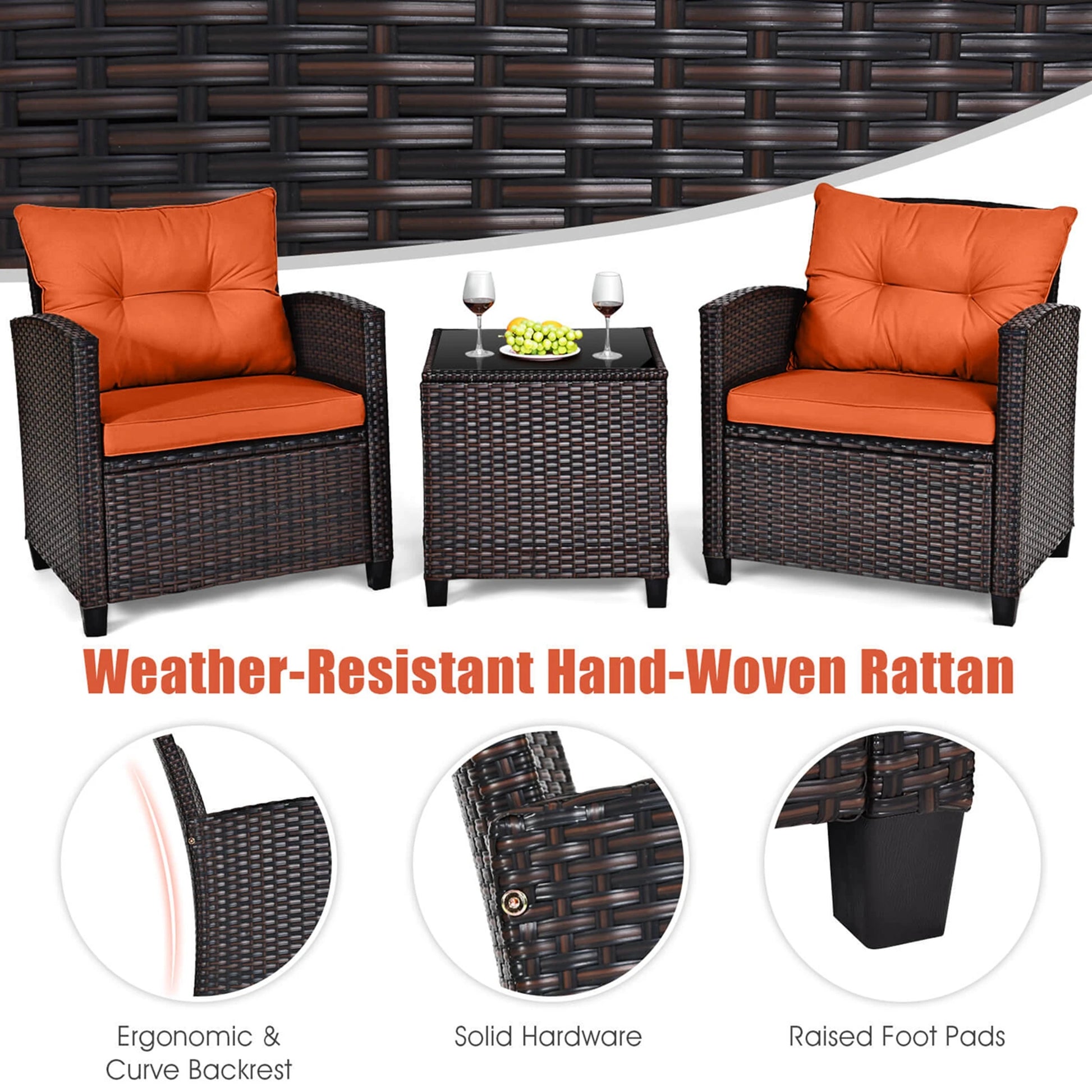 3 PCS Patio Rattan Furniture Set Cushioned Conversation Set Sofa Orange - Louie's Joint 