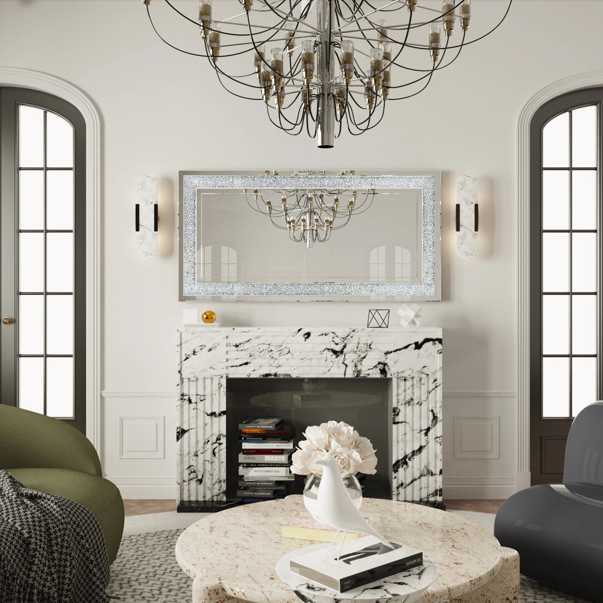 48' X 24' Crush Diamond Wall Mirror Large Decorative Glam Silver Vanity with Beveled Glass Sparkly Crystal Frame Edge
