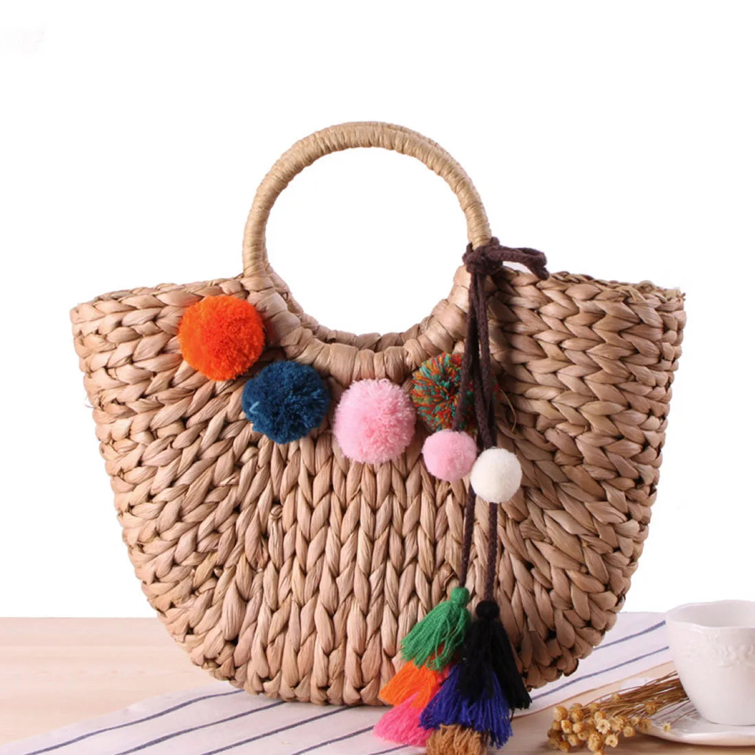 Straw Woven Handbags Beach Bag Handmade Woven Bucket Bag Shopping Tote Bag