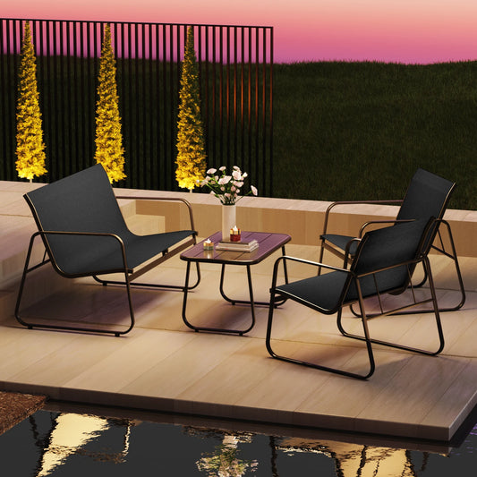 4-Piece outdoor Patio Furniture Set , Metal Frame Bistro Set with Breathable Textilene Chairs & Coffee Table, Modern All-Weather Conversation Set for Balcony Porch Garden