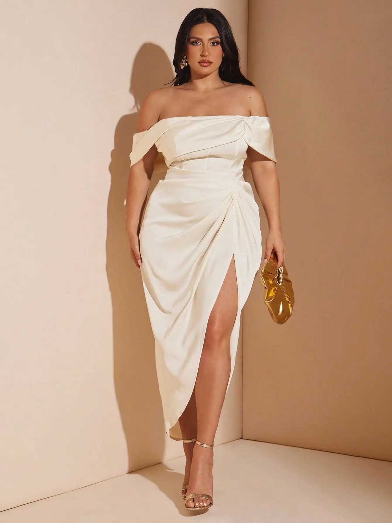 Elegant Off Shoulder Draped Satin Midi Dress For Wedding Bridesmaid