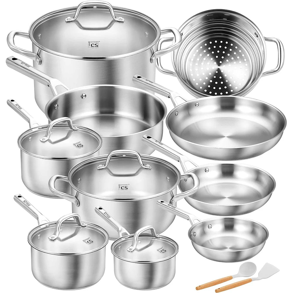 Stainless Steel Cookware Set 17 Piece, Professional 18/10 Stianless Steel Pots and Pans Set, 5-Layer Base, Oven & Induction Safe