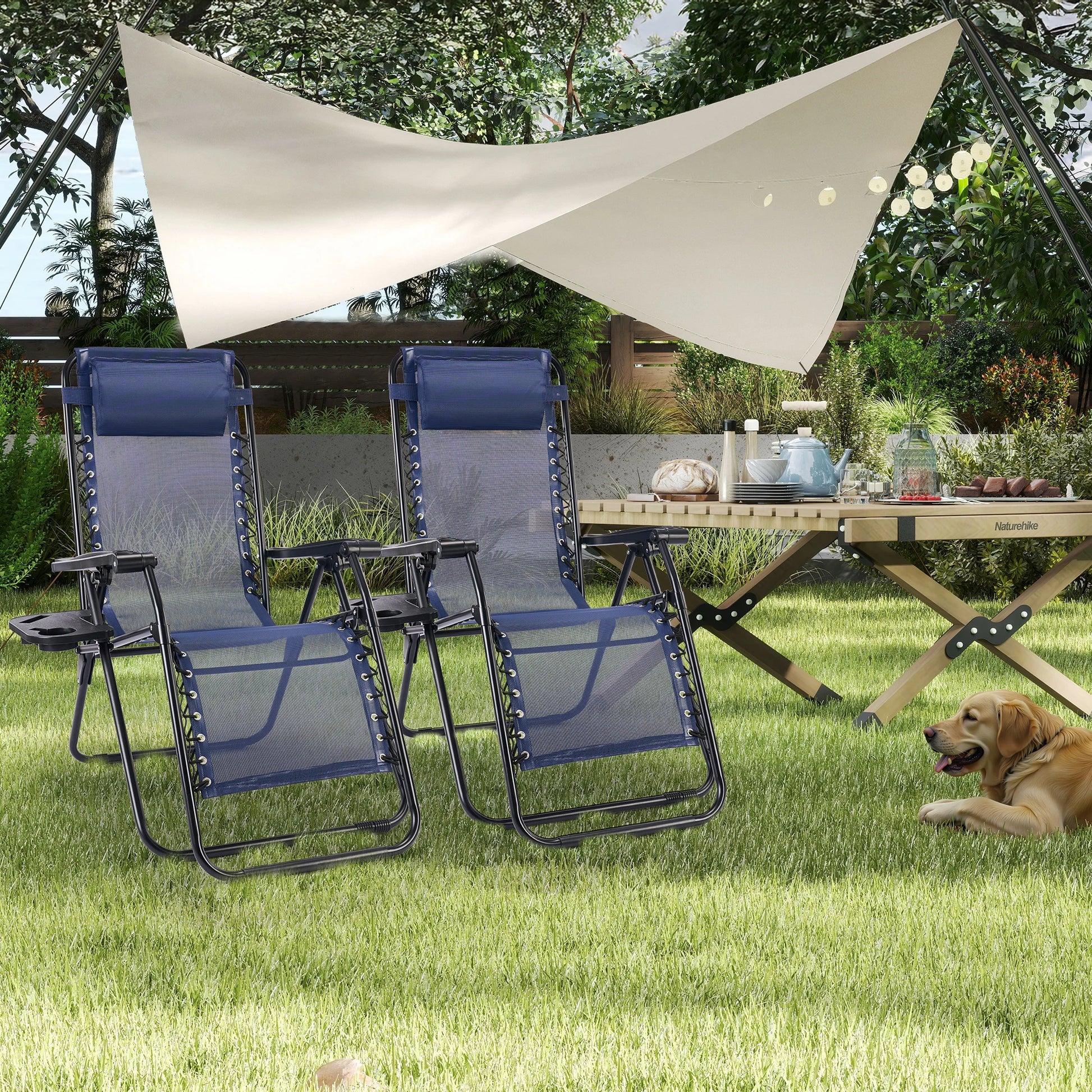 JHK Portable Zero Gravity Recliner Chairs Set of 2 Outdoor Garden Folding Lounge Chair with Cup Holder Trays Adjustable Pillow - Louie's Joint 