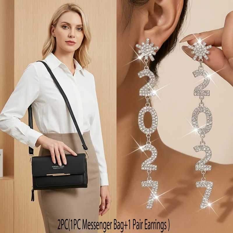 1 Pair Earrings or 2PC(1PC Messenger Bag+1 Pair Earrings )Women's Small Shoulder Crossbody Bag and Elegant Rhinestone 2027 Long Drop Earrings, Mobile Phone Card Wallet Bag,Casual Handbag for Party Birthday,Daily Use Holiday G