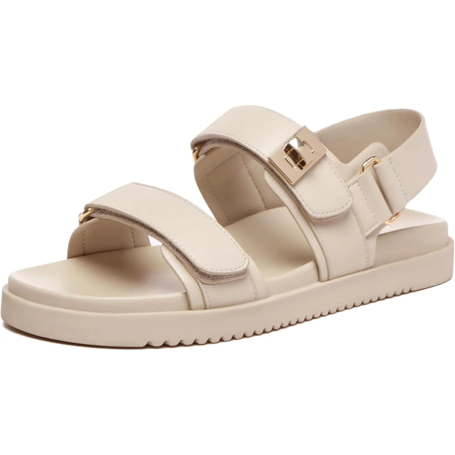 Women's Leather Flat Sandals With Adjustable Double Strap Comfort Footbed