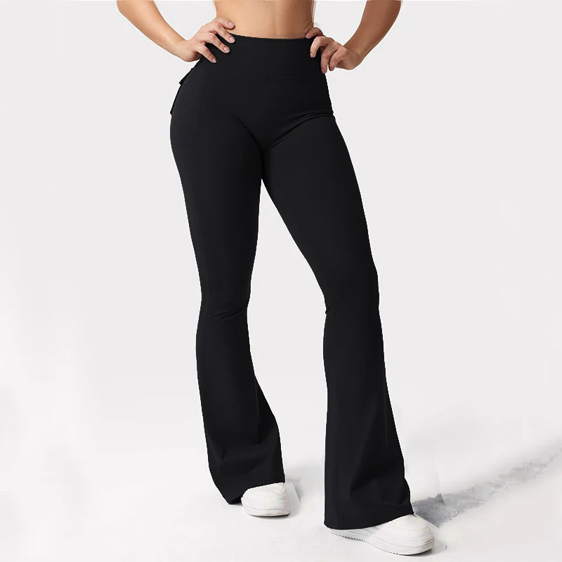 Women Yoga Flare Trousers High Waist Wide Leg With Pockets